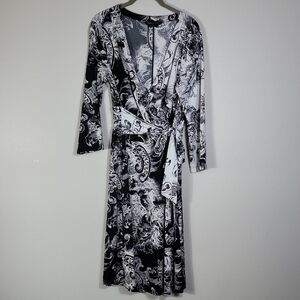 BCBG Faux Wrap Jersey Midi Dress Size L Black White Floral Long Sleeve